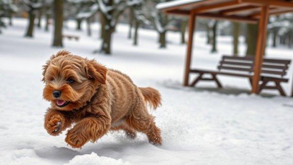 Fluffy brown dog running in snow, enjoying winter grooming.