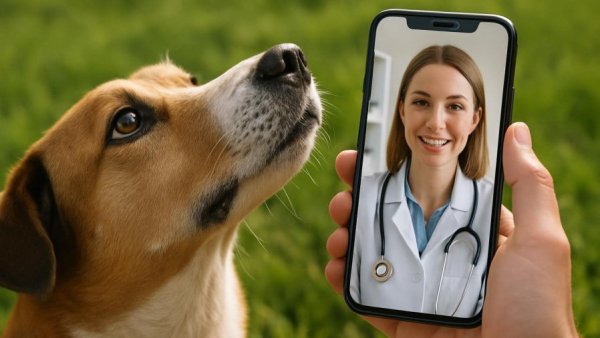 Pet telehealth consultation for dog lovers on a smartphone.