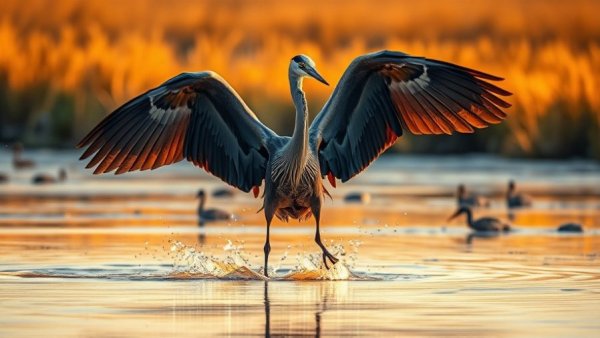 Majestic heron in wetland for Bird Cities Conservation.