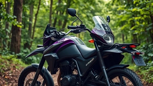 Motorcycle in a forest perfect for travel with dog adventures.