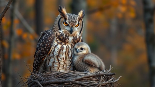 Adult Great Horned Owl and chick in a nest.
