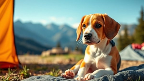 Beagle puppy at a campsite with mountains and tent.