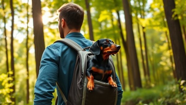 Man hiking with dachshund in backpack, forest scene