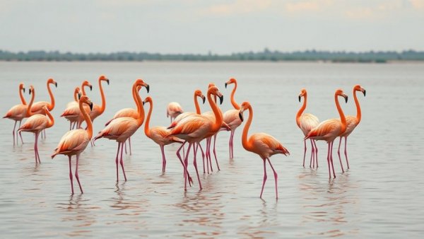 American flamingos with pelicans in a calm lake setting.