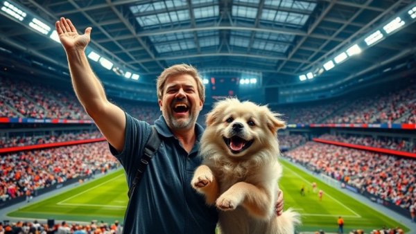 Excited man and dog on jumbotron at FIFA World Cup stadium.