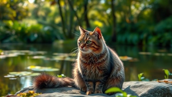 Fishing cat sitting near a pond, focusing, in lush green surroundings.
