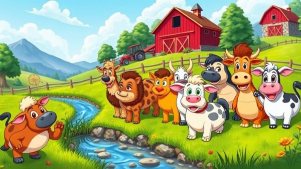Colorful cartoon scene of farm and wild animals near a stream.