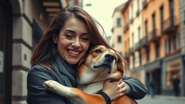 Kindness Never Needs An Excuse: Woman smiling with dog in urban street