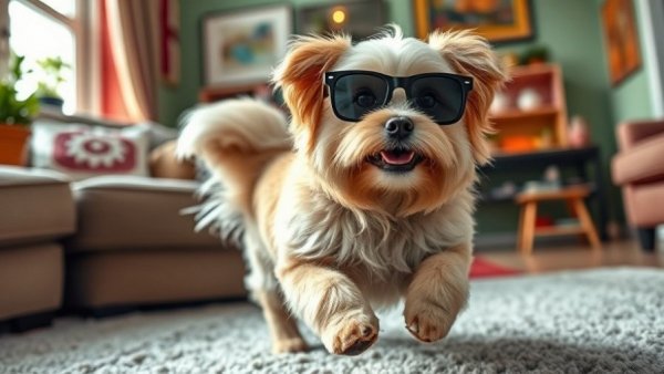 Playful fluffy dog with sunglasses in living room - Funny Pet Stuff