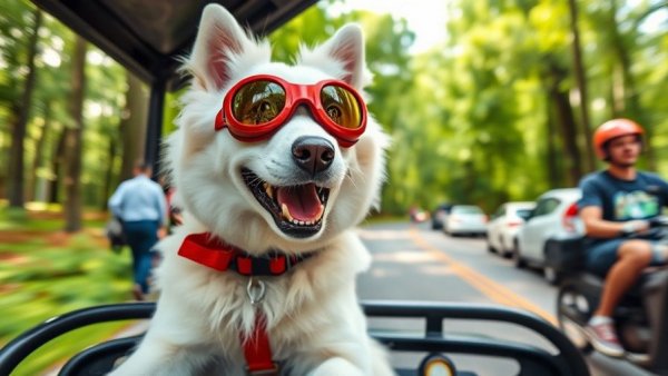 Dog with red goggles on a vehicle in a forest - travel with dog