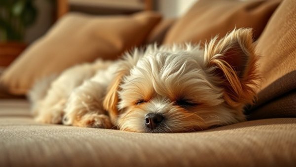 Fluffy dog sleeping on couch, keeping dogs happy in apartments.