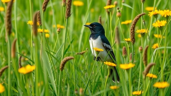 Black-and-white bird in Minnesota meadow for Adopt-a-Flyway Program.