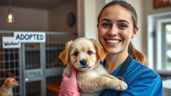 Joyful worker in Los Angeles City Animal Shelter holding adopted puppy.