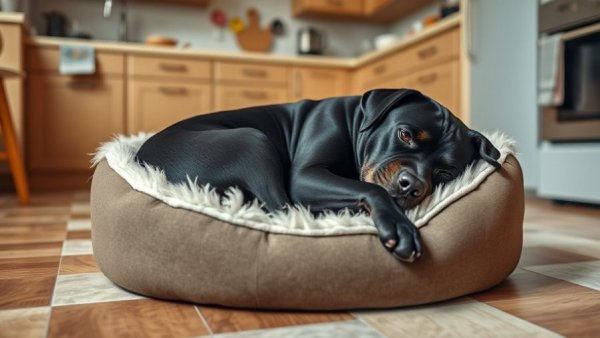 Large black dog humorously lying on a small bed indoors