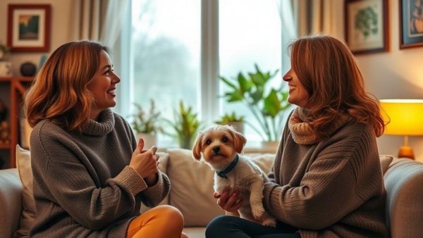Two women discussing pet-friendly roommates in a cozy living room.