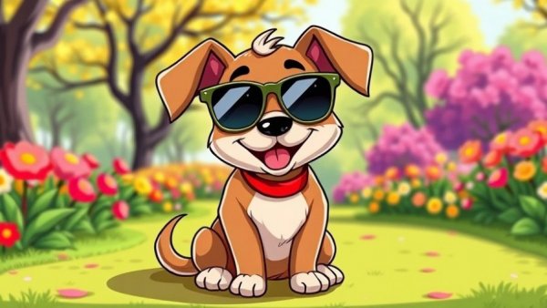 Funny cartoon dog with sunglasses in a colorful park.