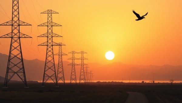 Power pylons with bird at sunset, connected western grid benefits birds.