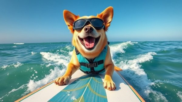Dog rides surfboard with man in ocean, travel with dog