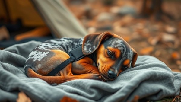 Dachshund resting outdoors with a harness, perfect for training tips context.