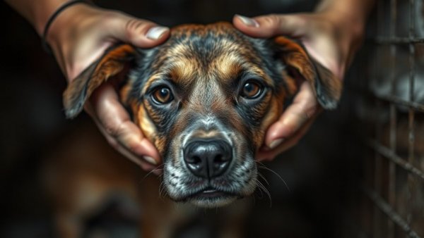Rescue of neglected dog with hopeful expression during rescue.