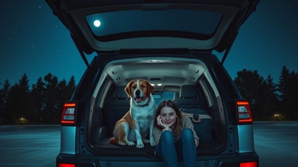 Woman and her dog enjoying a night out under the stars, showcasing travel with dog.