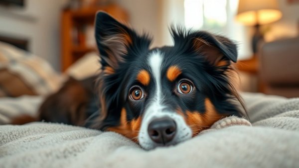 Anxious border collie showing signs of stress.