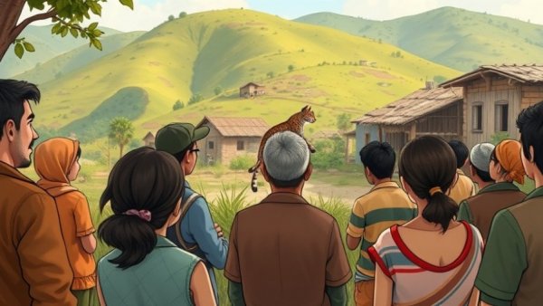 Community meeting discussing wild cat coexistence in rural village.