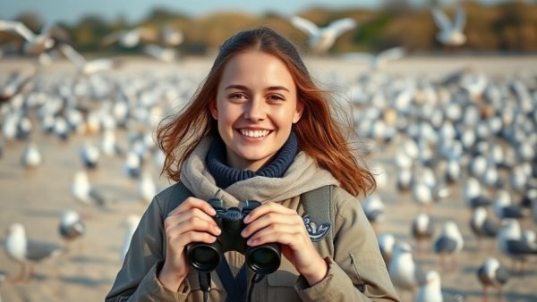 Seabird Anchor Steward smiling on a beach with seabirds.
