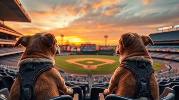 Dogs enjoying a baseball game at sunset, travel with dog theme.