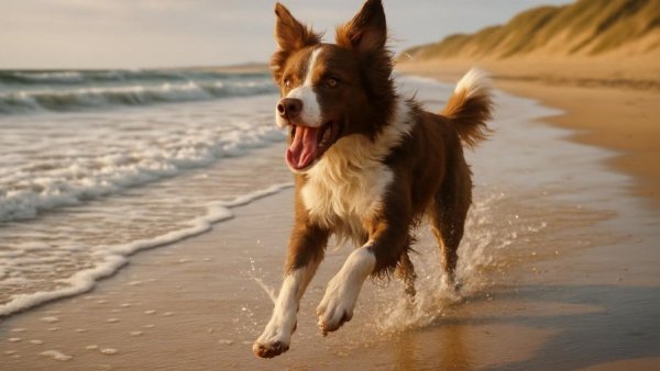 Energetic dog running on a beach at sunset.