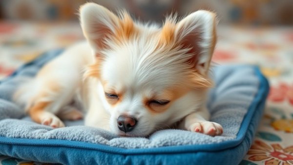 Fluffy chihuahua resting on a blue cooling pad in hot weather.