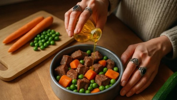 Pouring golden liquid onto gourmet dog food bowl