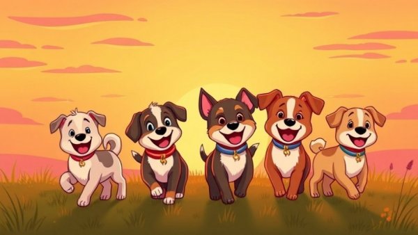 Cartoon dogs at sunset, adopciones sin costo theme.