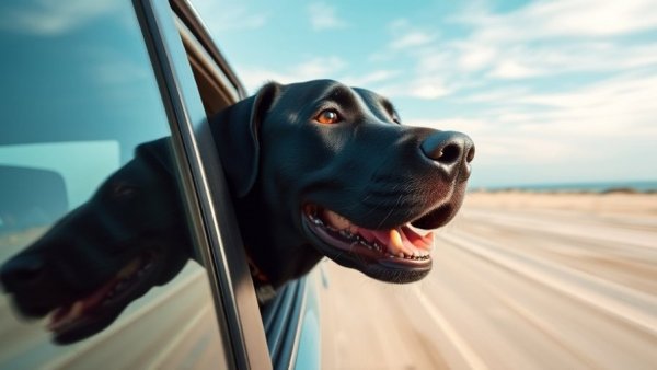 Black Labrador enjoying car ride on sandy beach, adventure with dogs.