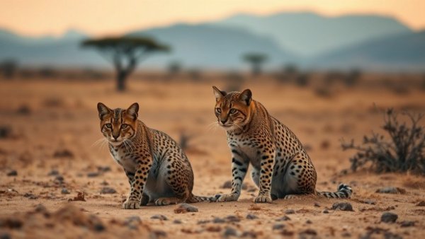 African wild cats in peril, alert and scanning in open savannah.