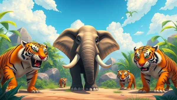 Mammoth Elephant vs 2 Tigers in a colorful cartoon jungle scene