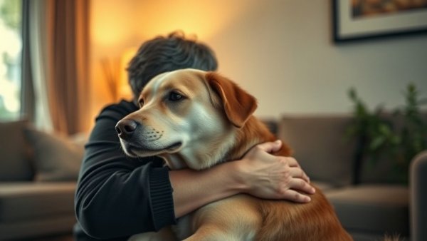 Healing pet loss grief, comforting embrace with a dog.