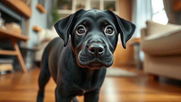Curious black Labrador wondering about travel with dog indoors.