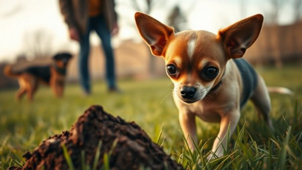 Chihuahua eating poop while human reacts in dismay.