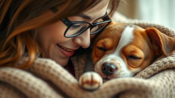 How dogs comfort you: Woman cuddles a small dog warmly.