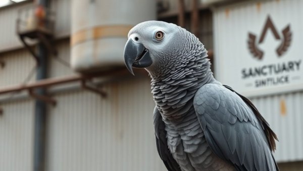 Grey parrot at Alveus Sanctuary with branch and building background.