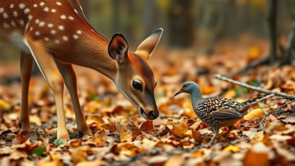 Woodcock hen protecting nest as curious fawn approaches.