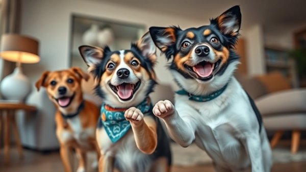 Playful dogs indoors with bandanas embracing fun.
