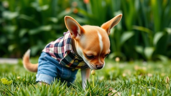 Chihuahua sniffing grass in a garden, showcasing how dogs experience the world through their senses.