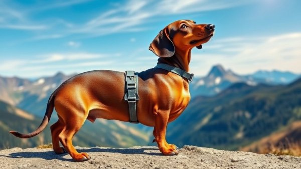 Dachshund hiking on rocky terrain with mountain views.