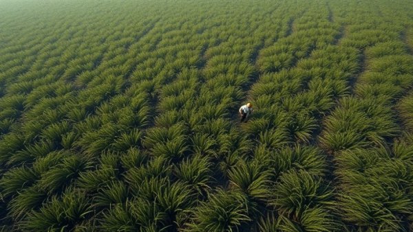 Aerial view of eelgrass restoration workers in expansive meadow