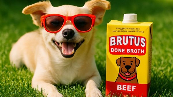Brutus Broth Pupsicles: Happy dog in sunglasses on grass.