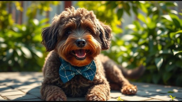 Curly-haired dog with bowtie enjoying garden, believe in yourself