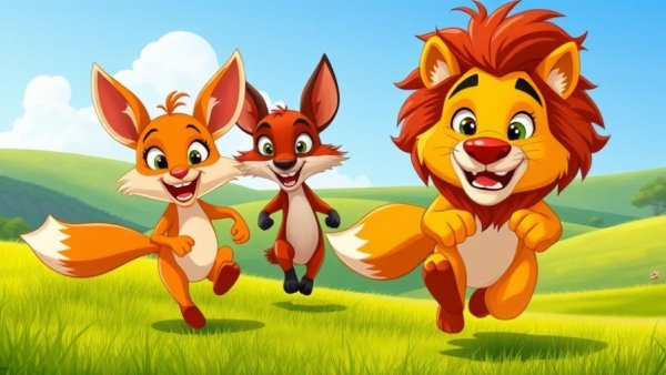 Funny animal cartoon with lion and foxes in chase