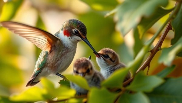 Mother hummingbird feeding chicks in nest, Central Valley conservation efforts